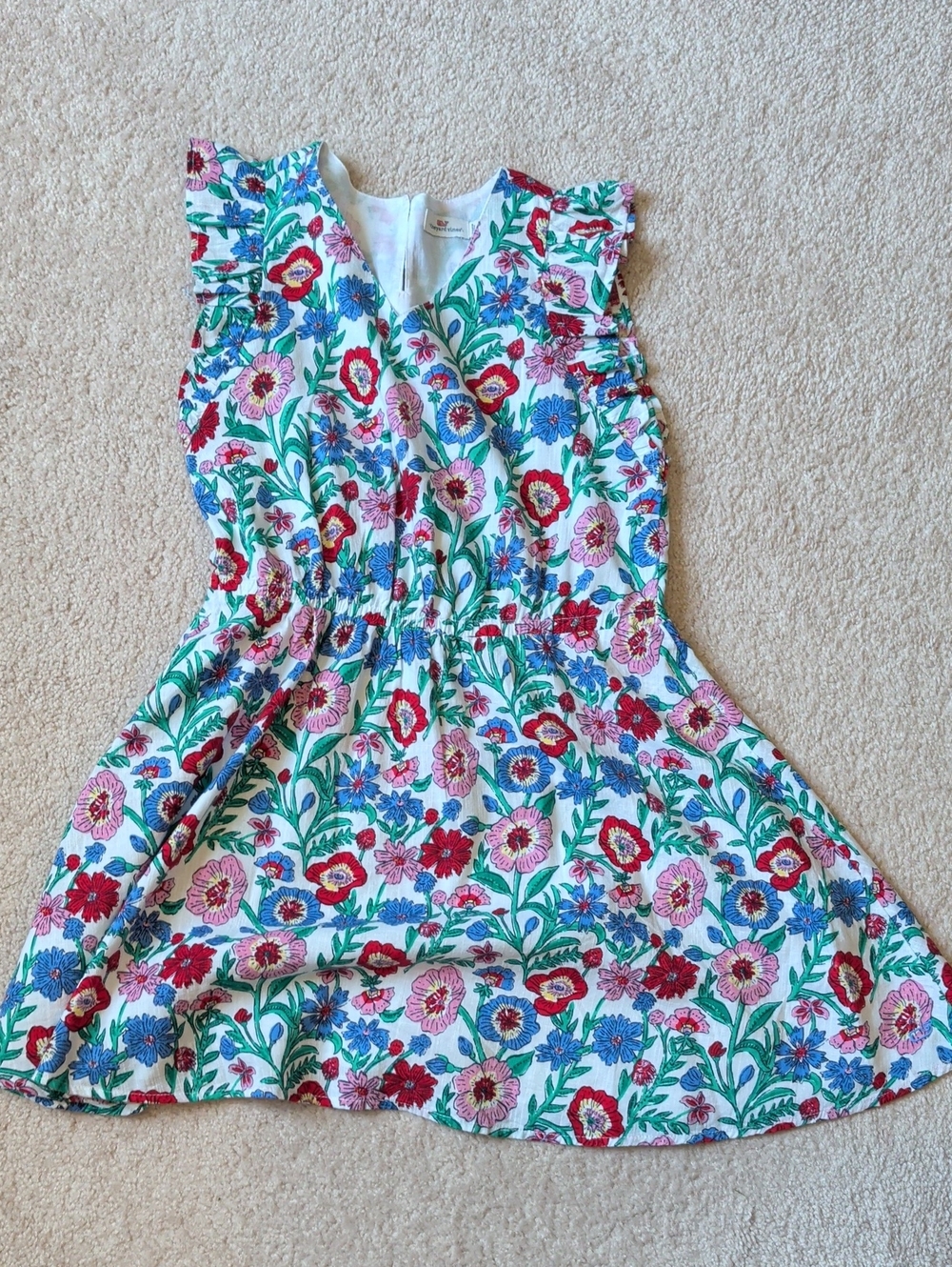 Vineyard Vines Girls Floral Ruffle Sleeve Dress - White with Red, Pink, Blue
